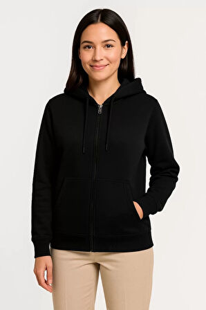Kadın Üç İplik Kapüşonlu Tam Fermuarlı Kanguru Çepli SweatShirt Hoodie - Siyah
