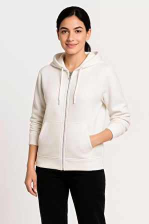 Kadın Üç İplik Kapüşonlu Tam Fermuarlı Kanguru Çepli SweatShirt Hoodie - Beyaz