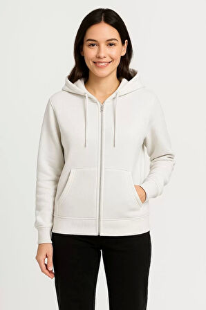 Kadın Üç İplik Kapüşonlu Tam Fermuarlı Kanguru Çepli SweatShirt Hoodie - Beyaz