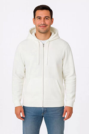 Erkek Üç İplik Kapüşonlu Tam Fermuarlı Kanguru Çepli SweatShirt Hoodie - Beyaz