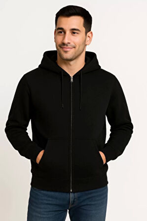 Erkek Üç İplik Kapüşonlu Tam Fermuarlı Kanguru Çepli SweatShirt Hoodie - Siyah