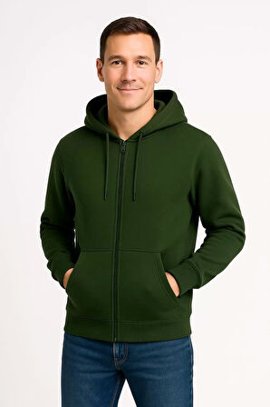 Erkek Üç İplik Kapüşonlu Tam Fermuarlı Kanguru Çepli SweatShirt Hoodie - Haki