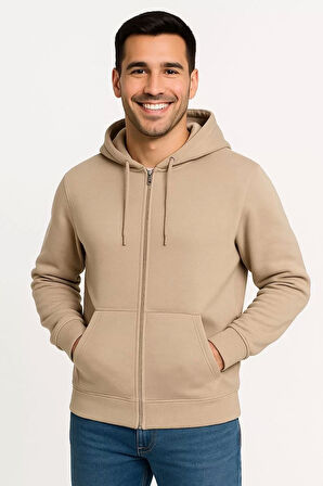 Erkek Üç İplik Kapüşonlu Tam Fermuarlı Kanguru Çepli SweatShirt Hoodie - Bej
