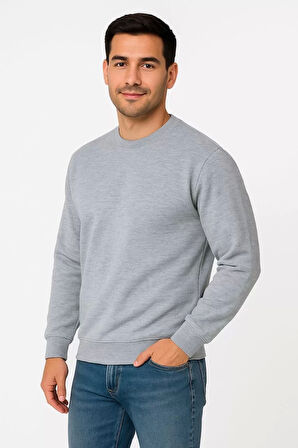 Erkek Üç İplik Düz Bisiklet Yaka SweatShirt - Gri