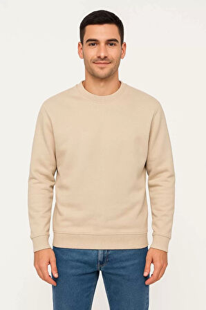 Erkek Üç İplik Düz Bisiklet Yaka SweatShirt - Bej