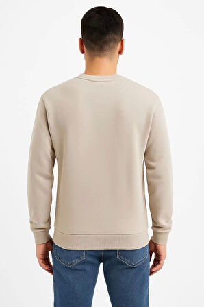 Erkek Üç İplik Düz Bisiklet Yaka SweatShirt - Bej