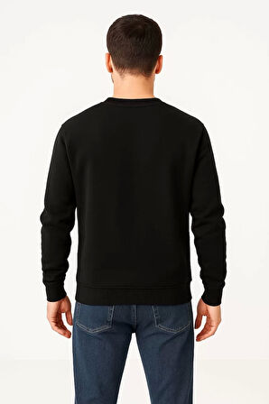 Erkek Üç İplik Düz Bisiklet Yaka SweatShirt - Siyah