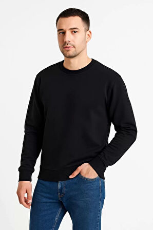 Erkek Üç İplik Düz Bisiklet Yaka SweatShirt - Siyah