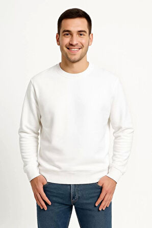 Erkek Üç İplik Düz Bisiklet Yaka SweatShirt - Beyaz