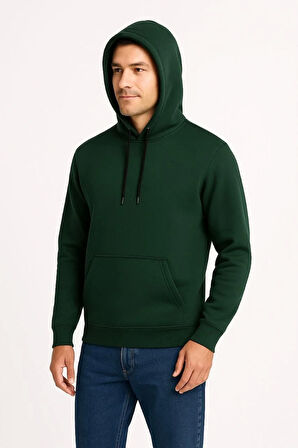 Erkek Üç İplik Kapüşonlu Kanguru Cepli SweatShirt hoodie - Haki