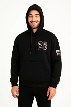 Üç İplik Kapüşonlu Ön ve Arka Baskılı SweatShirt hoodie - Siyah