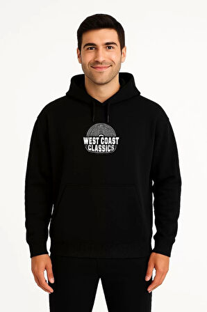 Erkek Üç İplik Kapüşonlu Ön ve Arka Baskılı SweatShirt hoodie - Siyah