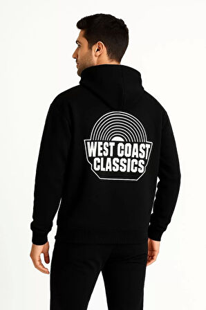 Erkek Üç İplik Kapüşonlu Ön ve Arka Baskılı SweatShirt hoodie - Siyah