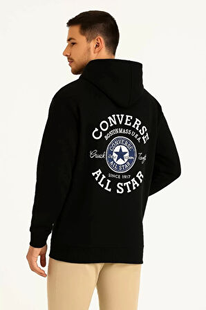 Üç İplik Kapşonlu ön ve Arka Baskılı SweatShirt hoodie- Siyah