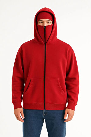 Samuray Ninja Çift Kapşonlu ZIP Fermuarlı Kanguru Çepli Tam Fermuarlı Hoodie Swetshirt - Kırmızı