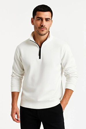 Erkek Dik Yaka Sweatshirt Dik Yaka Yarım Fermuarlı 3 İplik Şardonlu Pamuk Kumaş - Beyaz