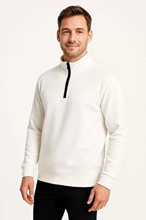 Erkek Dik Yaka Sweatshirt Dik Yaka Yarım Fermuarlı 3 İplik Şardonlu Pamuk Kumaş - Beyaz