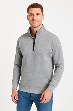 Erkek Dik Yaka Sweatshirt Dik Yaka Yarım Fermuarlı 3 İplik Şardonlu Pamuk Kumaş - Gri