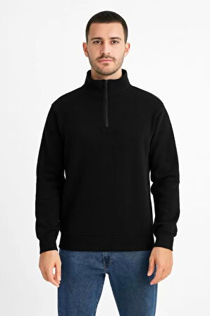Erkek Dik Yaka Sweatshirt Dik Yaka Yarım Fermuarlı 3 İplik Şardonlu Pamuk Kumaş - Siyah
