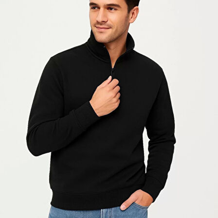 Erkek Dik Yaka Sweatshirt Dik Yaka Yarım Fermuarlı 3 İplik Şardonlu Pamuk Kumaş - Siyah