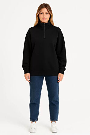 Kadın Üç İplik Dık Yaka Yarım Fermuarlı SweatShirt - Siyah