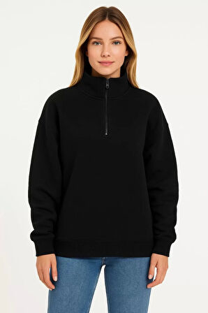Kadın Üç İplik Dık Yaka Yarım Fermuarlı SweatShirt - Siyah