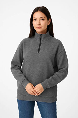 Kadın Üç İplik Dık Yaka Yarım Fermuarlı SweatShirt - Antrasit