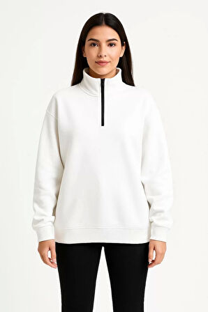 Kadın Üç İplik Dık Yaka Yarım Fermuarlı SweatShirt - Beyaz