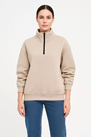 Kadın Üç İplik Dık Yaka Yarım Fermuarlı SweatShirt - Bej