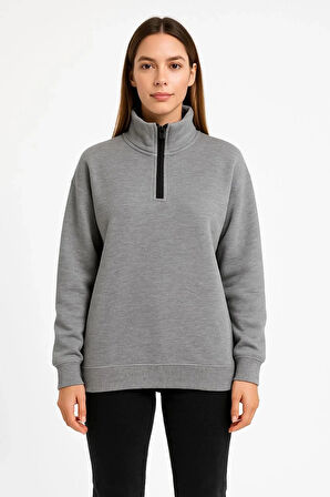 Kadın Üç İplik Dık Yaka Yarım Fermuarlı SweatShirt - Gri