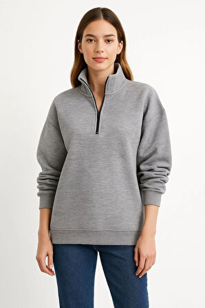 Kadın Üç İplik Dık Yaka Yarım Fermuarlı SweatShirt - Gri