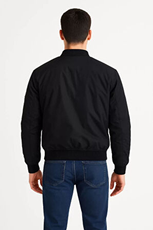 Erkek içi Astarlı Fermuarlı Bomber Mont Ceket - Siyah