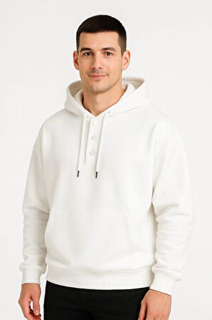 Erkek Ovarsize Kapüşonlu Swetshirt Kanguru Çepli Cıtcıtlı 3 iplik Şardonlu Hoodie - Beyaz