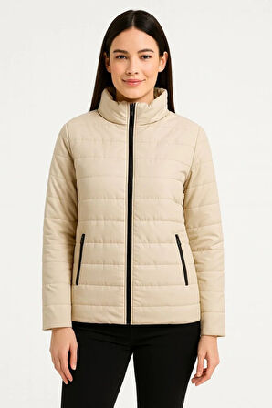 Kadın Bomber Mont Ceket – Su İtici Kumaş, Kapitone Astarlı, Fermuarlı, Kışlık - Bej