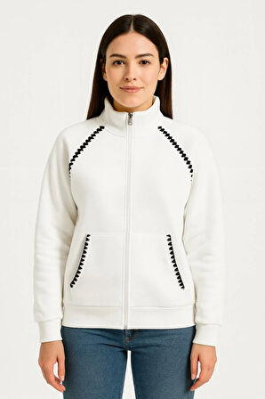 Kadın Oversize Dik Yaka Fermuarlı Sweatshirt - Zincir Nakışli Kanguru Cepli, - Beyaz