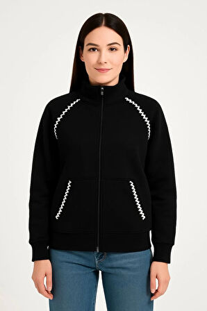 Kadın Oversize Dik Yaka Fermuarlı Sweatshirt - Zincir Nakışli Kanguru Cepli, - Siyah