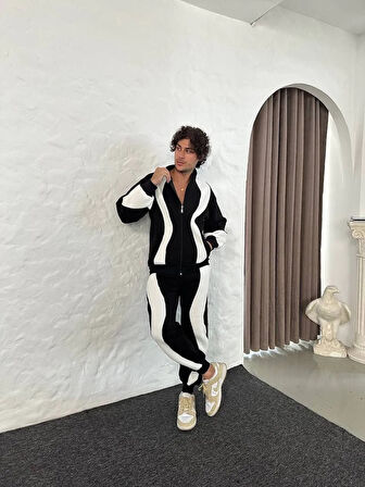 Erkek Premium Parçalı Eşofman Takım - Dik Yaka Fermuarlı Sweatshirt, - Siyah