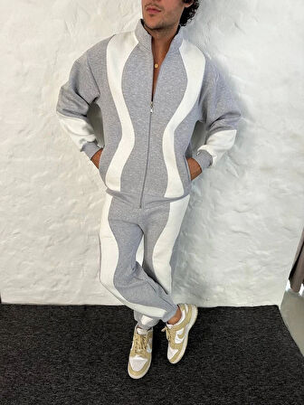 Erkek Premium Parçalı Eşofman Takım - Dik Yaka Fermuarlı Sweatshirt, - Gri