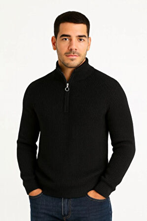 Erkek Yarım Fermuarlı Triko Kazak – Selanik Örgü, Dik Yaka, Pamuklu Dokuma, Regular Fit Uzun Kollu Kışlık Model - Siyah