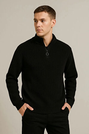 Erkek Yarım Fermuarlı Triko Kazak – Selanik Örgü, Dik Yaka, Pamuklu Dokuma, Regular Fit Uzun Kollu Kışlık Model - Siyah