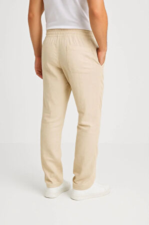 Erkek Keten Pantolon – Cepli, Beli Lastikli ve Bağcıklı, Nefes Alan Rahat Kalıp, Yazlık ve Baharlık Günlük Giyim, Şık & Konforlu Boru Paça Model - Bej