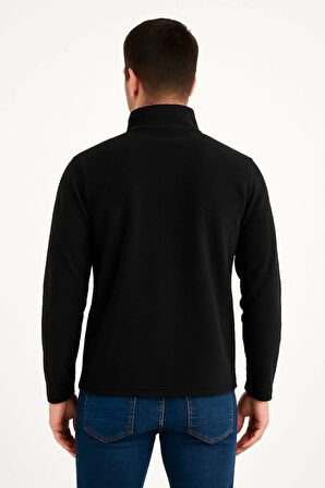 Erkek Polar Kazak – Dik Yaka, Yarım Fermuarlı, Fermuarlı Göğüs Cepli, Siyah Biyeli, Kışlık Rahat Regular Fit Günlük Model - Siyah