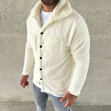 Erkek Pelüş Polar Hırka Gömlek – Yakalı, İlik Düğmeli, Göğüs Cepli, Yumuşak Dokulu Kışlık Regular Fit Rahat Günlük Model - Beyaz