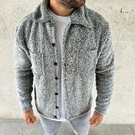 Erkek Pelüş Polar Hırka Gömlek – Yakalı, İlik Düğmeli, Göğüs Cepli, Yumuşak Dokulu Kışlık Regular Fit Rahat Günlük Model - Gri