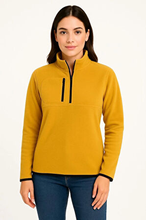 Kadın Polar Kazak – Dik Yaka, Yarım Fermuarlı, Fermuarlı Göğüs Cepli, Siyah Biyeli, Kışlık Rahat Regular Fit Günlük Model - Sarı