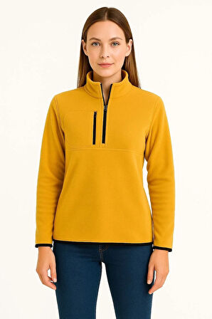 Kadın Polar Kazak – Dik Yaka, Yarım Fermuarlı, Fermuarlı Göğüs Cepli, Siyah Biyeli, Kışlık Rahat Regular Fit Günlük Model - Sarı