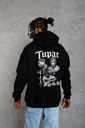 Erkek Oversize Üç İplik Kapüşonlu Sweat – Siyah Kol ve Etek Ribana Detaylı, Ön ve Sırt Baskılı, Kanguru Cepli Rahat Kalıp Model