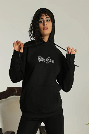 Kadın Oversize Üç İplik Kapüşonlu Sweatshirt – Siyah “Other Lives” Ön ve Arka Baskılı, Şardonlu Kışlık, Rahat Günlük Model Siiyah