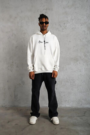 Oversize Üç İplik Şardonlu Kapüşonlu Sweatshirt – Beyaz “Other Lives” Ön ve Arka Baskılı, Kanguru Cepli, Ribanalı Rahat Kışlık Model Beyaz
