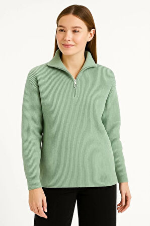 KADIN Yarım Fermuarlı Triko Kazak – Selanik Örgü, Dik Yaka, Pamuklu Dokuma, Oversize Uzun Kollu Kışlık Model - Mint Yeşili